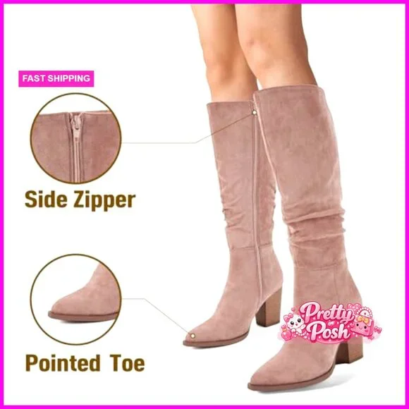 Pointed Toe Knee High Boots Faux Suede Slouch Boots with Chunky Heel - Picture 6 of 7